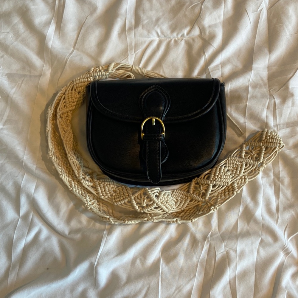 Anthropology Street Level Black Vegan Leather cross body detailed macrame strap - Picture 3 of 15